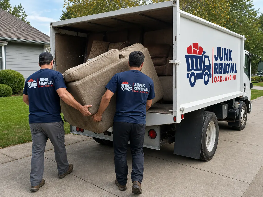 Junk removal in Novi: crew loading an old sectional sofa into a junk removal truck