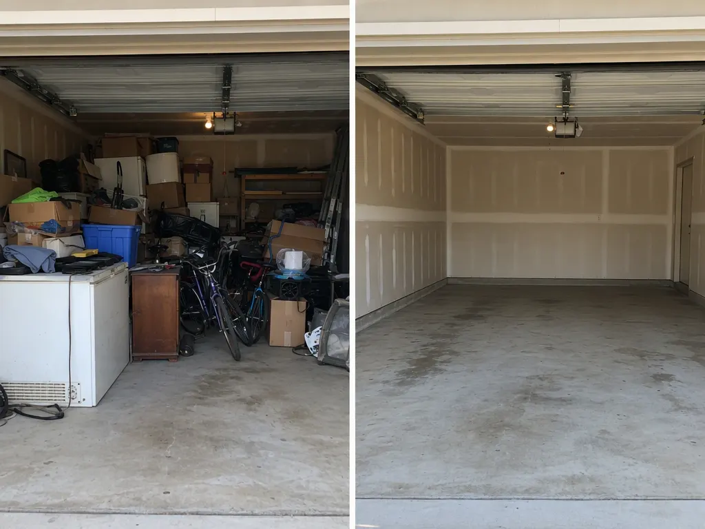 Junk removal in Novi: two-car garage before and after a cleanout